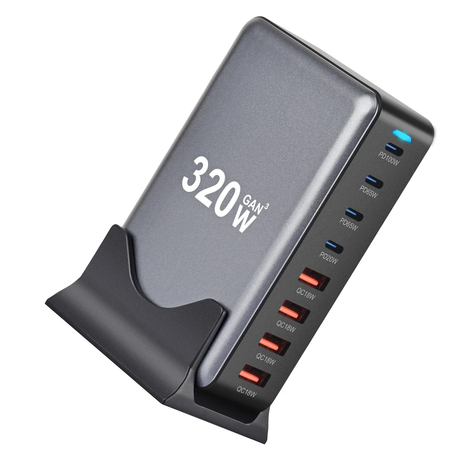 320W For GaN Charging Station with 8 Ports and 3 USB-C Outputs Designed for Fast Charging of Mixed Device Setups
320W For GaN Charging Station with 8 Ports and 3 USB-C Outputs Designed for Fast Charging of Mixed Device Setups