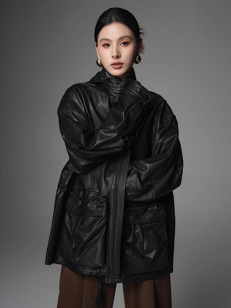 Casual Black Genuine Leather Windbreaker Jackets for Women Spring Autumn High-end Simple Stand Collar Hooded Real Sheepskin Coat
Casual Black Genuine Leather Windbreaker Jackets for Women Spring Autumn High-end Simple Stand Collar Hooded Real Sheepskin Coat