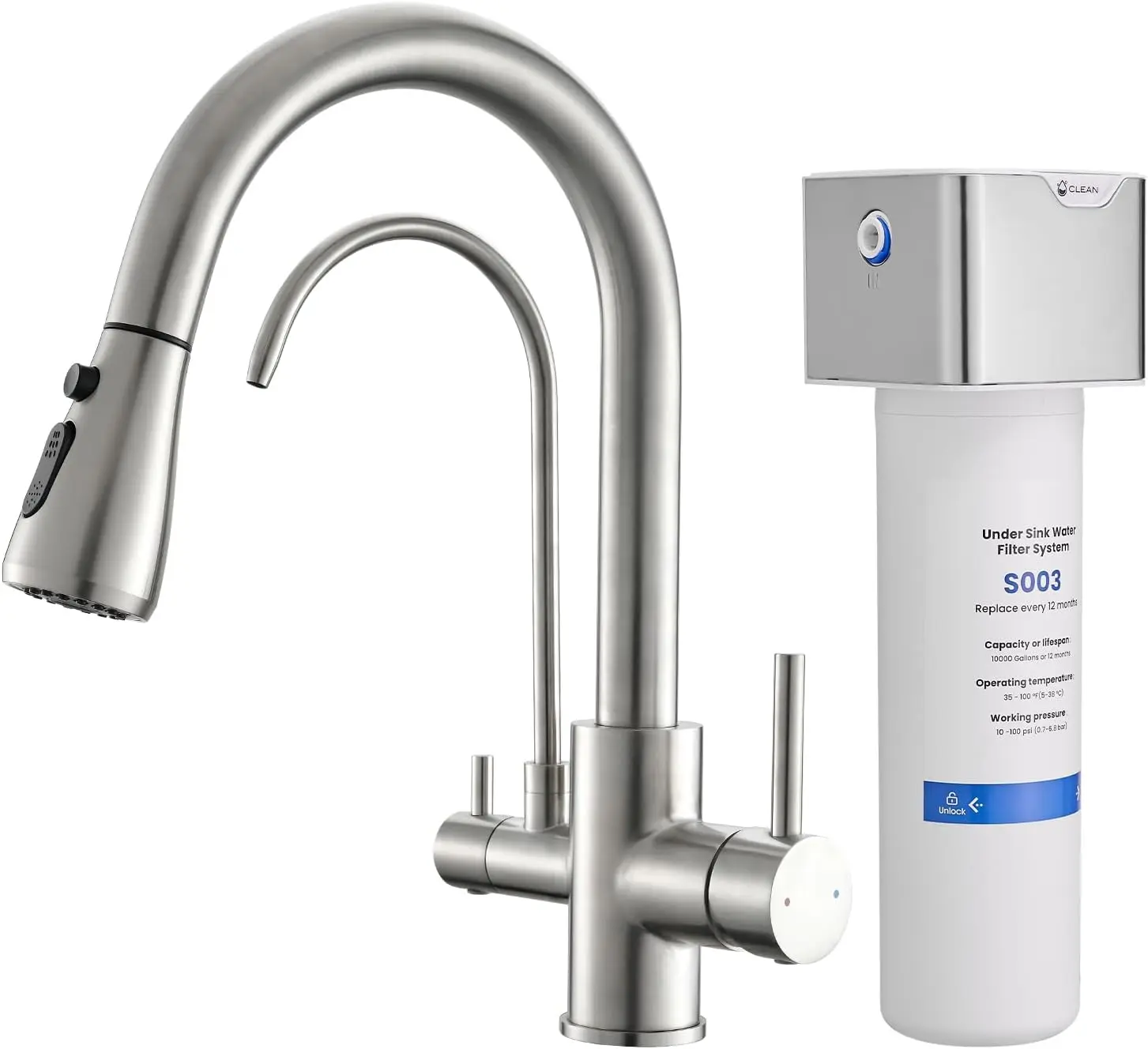 3-in-1 Kitchen Faucet with Under Sink Water Filter, Reduces Lead, Chlorine, Bad Taste & Odor, Drinking Water Faucet
3-in-1 Kitchen Faucet with Under Sink Water Filter, Reduces Lead, Chlorine, Bad Taste & Odor, Drinking Water Faucet