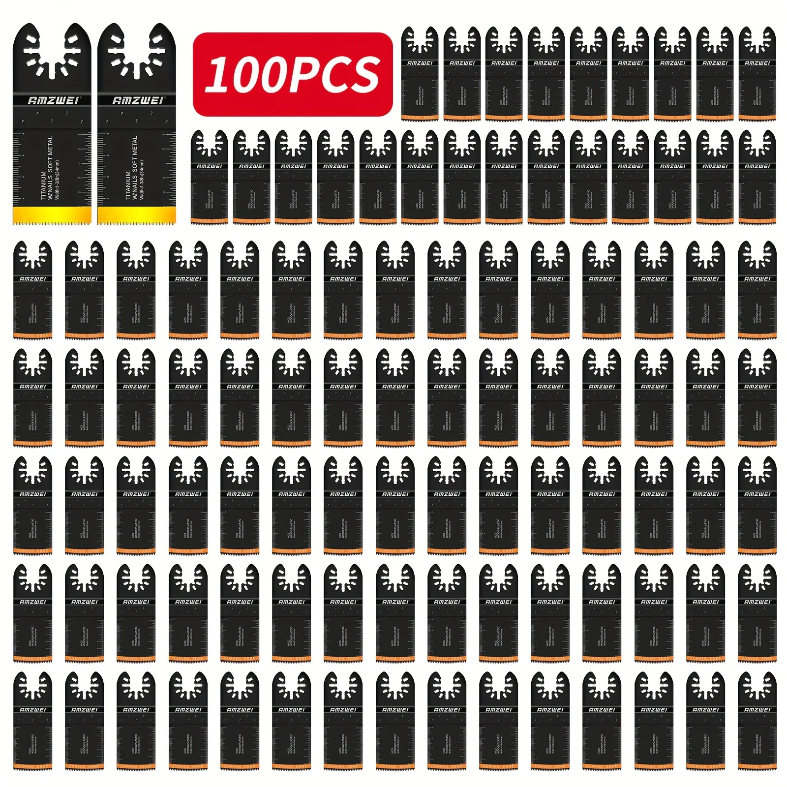 100pcs Multi Tool Blades, Titanium And HCS Professional Oscillating Saw Blades for Wood Plastic Metal, Curved Edge Oscillating Tool Blades
100pcs Multi Tool Blades, Titanium And HCS Professional Oscillating Saw Blades for Wood Plastic Metal, Curved Edge Oscillating Tool Blades