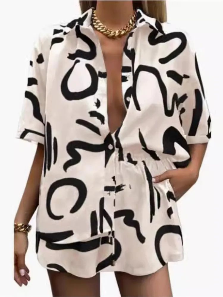 For Women Casual Short Sleeve Shirt Shorts Set Summer New Office Lady Print Tops Lace Up Pants Two Piece Set Women Outfit
For Women Casual Short Sleeve Shirt Shorts Set Summer New Office Lady Print Tops Lace Up Pants Two Piece Set Women Outfit