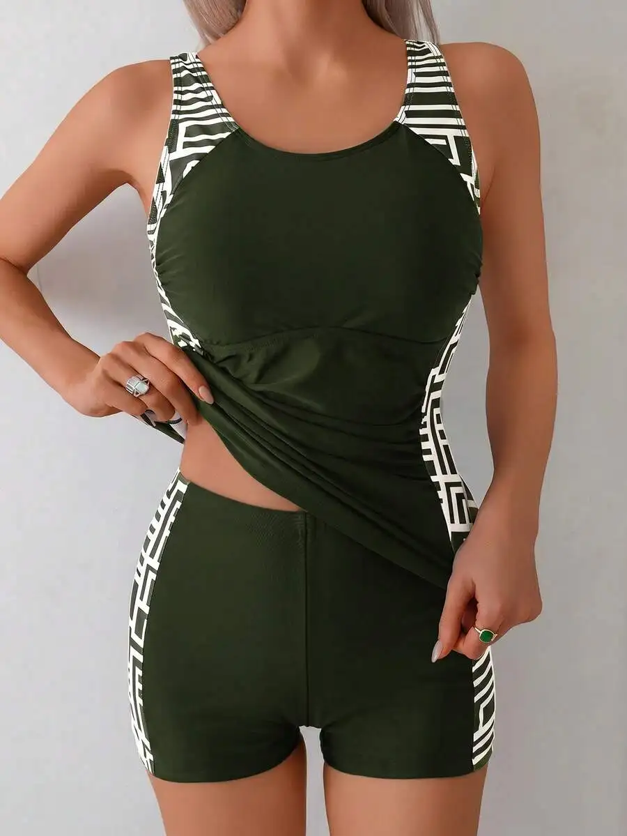 Womens 2 Piece Tankini Set Green Geometric Print Sleeveless Ruched Tummy Control Swimwear Shorts Beach Outfit
Womens 2 Piece Tankini Set Green Geometric Print Sleeveless Ruched Tummy Control Swimwear Shorts Beach Outfit