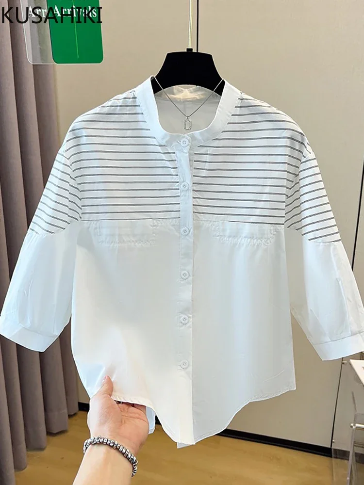 KUSAHIKI Striped Patchwork Shirt Women's Stand Up Collar Causal Irregular Three-quarter Sleeve Top
KUSAHIKI Striped Patchwork Shirt Women's Stand Up Collar Causal Irregular Three-quarter Sleeve Top