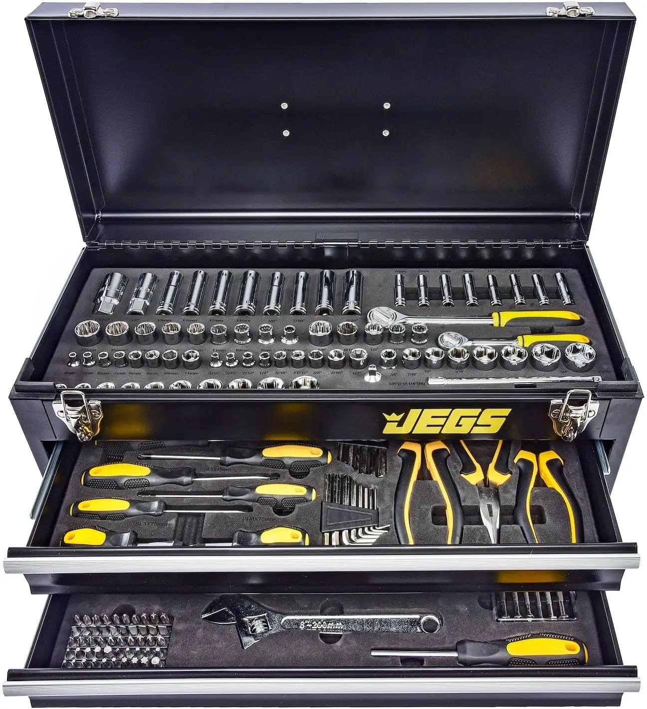 170-Piece Mechanic's Tool Set - Includes Black Powder Coated Steel Toolbox, Sockets, Extenders
170-Piece Mechanic's Tool Set - Includes Black Powder Coated Steel Toolbox, Sockets, Extenders