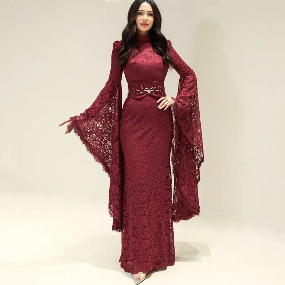 Luxury Lace Evening Dress High Neck Sheath Floor Length with Long Flare Sleeve Customized Wedding Party Beading Belt Gown New
Luxury Lace Evening Dress High Neck Sheath Floor Length with Long Flare Sleeve Customized Wedding Party Beading Belt Gown New