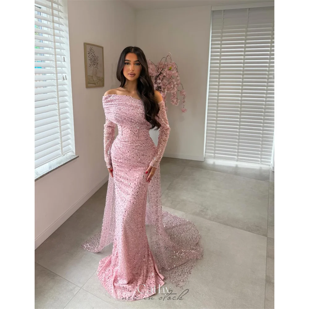 Cathy Customized Pink Off Shoulder Beaded Prom Dresses Mermaid Sheer Sleeves vestidos de noiva Corset Sweep Train Formal Evening
Cathy Customized Pink Off Shoulder Beaded Prom Dresses Mermaid Sheer Sleeves vestidos de noiva Corset Sweep Train Formal Evening