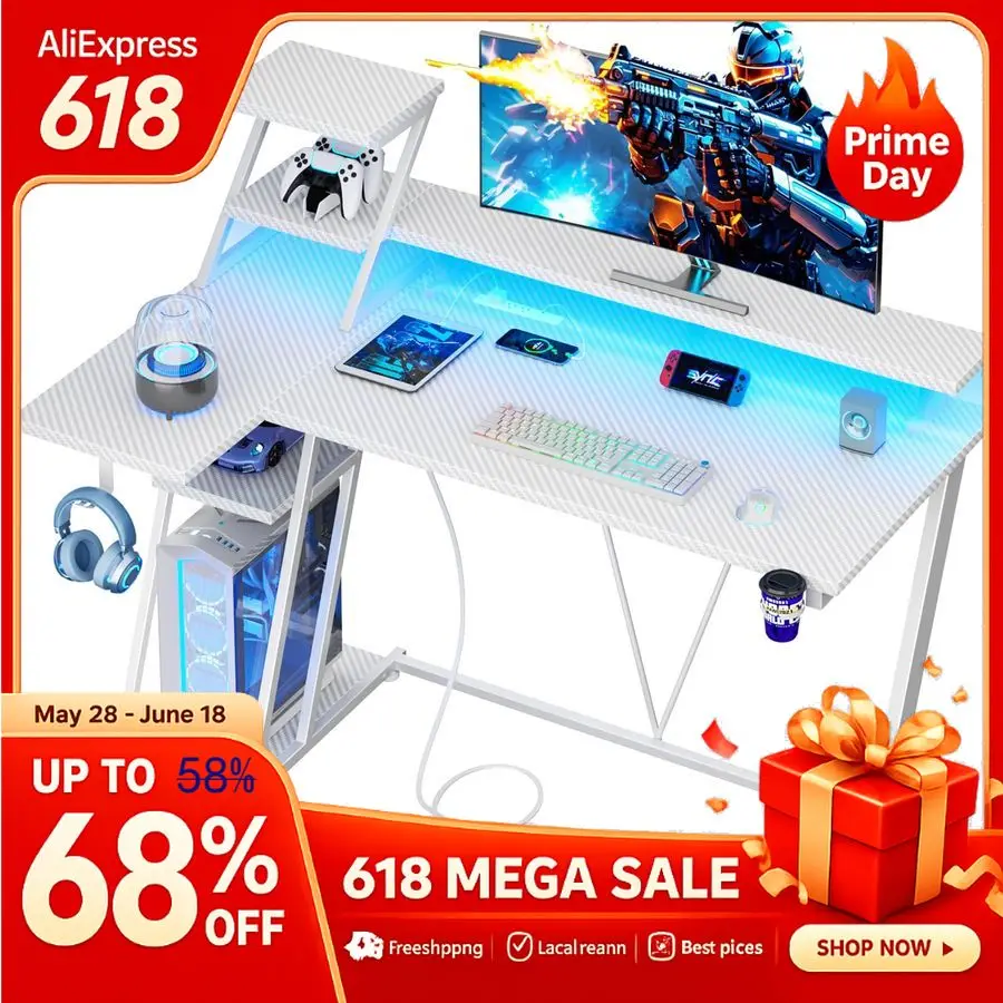 47 Inch White Gaming Desk with LED Lights Power Outlet, L Shaped Gaming Table with Storage Shelves, Gamer Workstations, Custom
47 Inch White Gaming Desk with LED Lights Power Outlet, L Shaped Gaming Table with Storage Shelves, Gamer Workstations, Custom