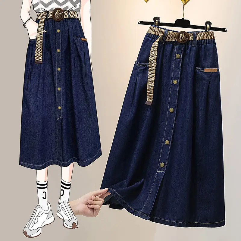 Summer Women's Denim Half Skirts New High Waist Slim Button Split Long Skirts Fashion Loose A-line Mid Length Trend Skirts Q338
Summer Women's Denim Half Skirts New High Waist Slim Button Split Long Skirts Fashion Loose A-line Mid Length Trend Skirts Q338