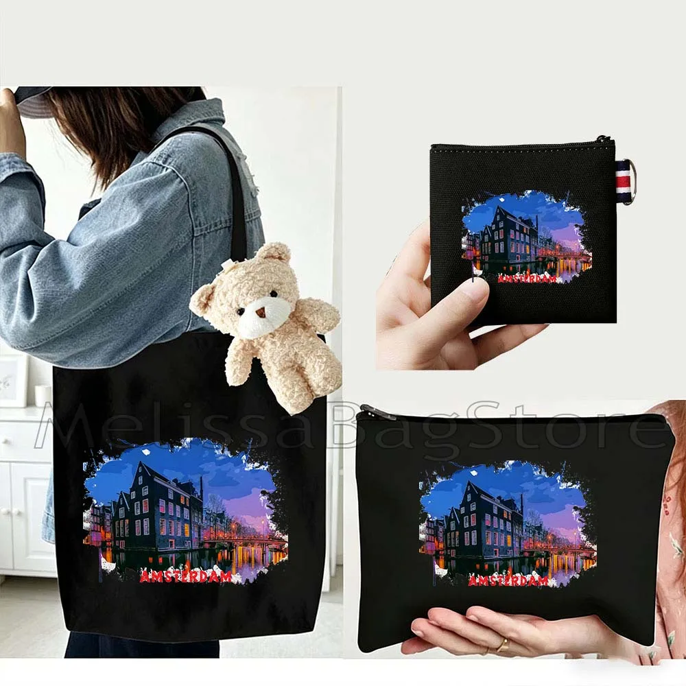 4PCS Gift Set Amsterdam Netherlands Black Canvas Tote Bag Handbag with Doll Key Coin Purse Cosmetic Makeup Toilet Bag Case Pouch
4PCS Gift Set Amsterdam Netherlands Black Canvas Tote Bag Handbag with Doll Key Coin Purse Cosmetic Makeup Toilet Bag Case Pouch