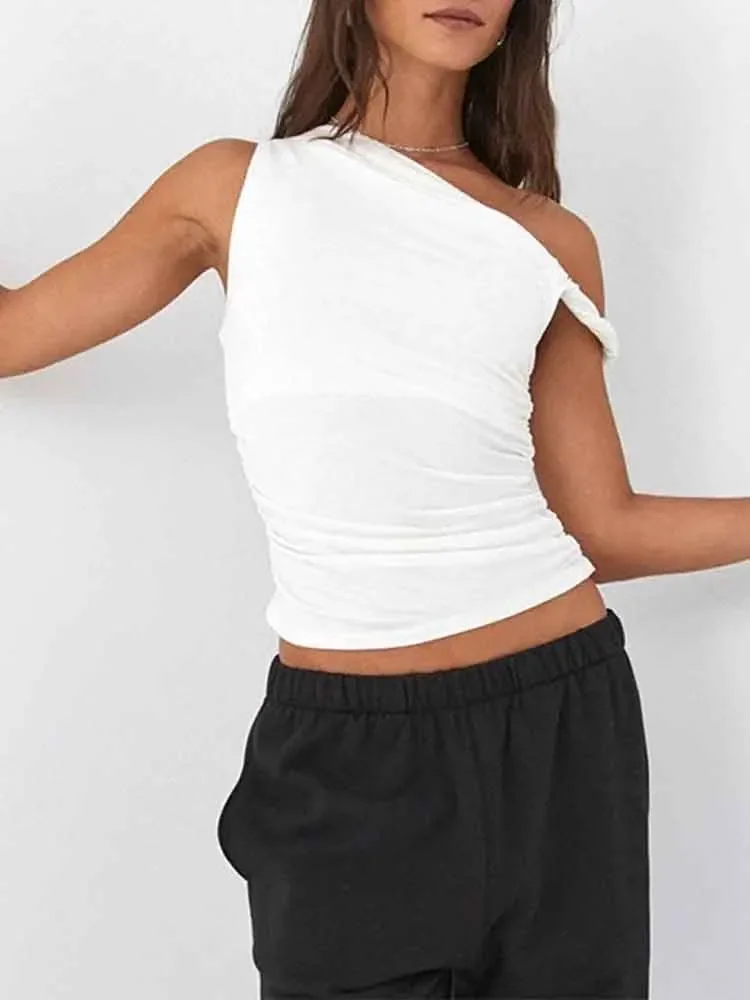 European style new women's design sense all-match fashion solid color one-shoulder oblique collar pleated top
European style new women's design sense all-match fashion solid color one-shoulder oblique collar pleated top