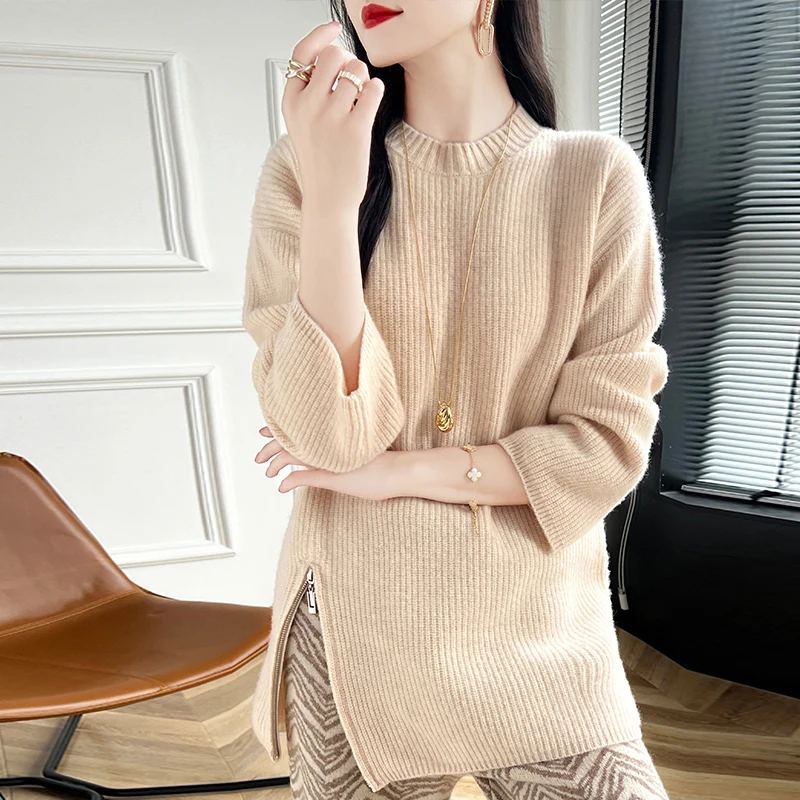 Side zipper split wool sweater women's O-neck jumper medium long loose large size top autumn winter essential women's clothing
Side zipper split wool sweater women's O-neck jumper medium long loose large size top autumn winter essential women's clothing