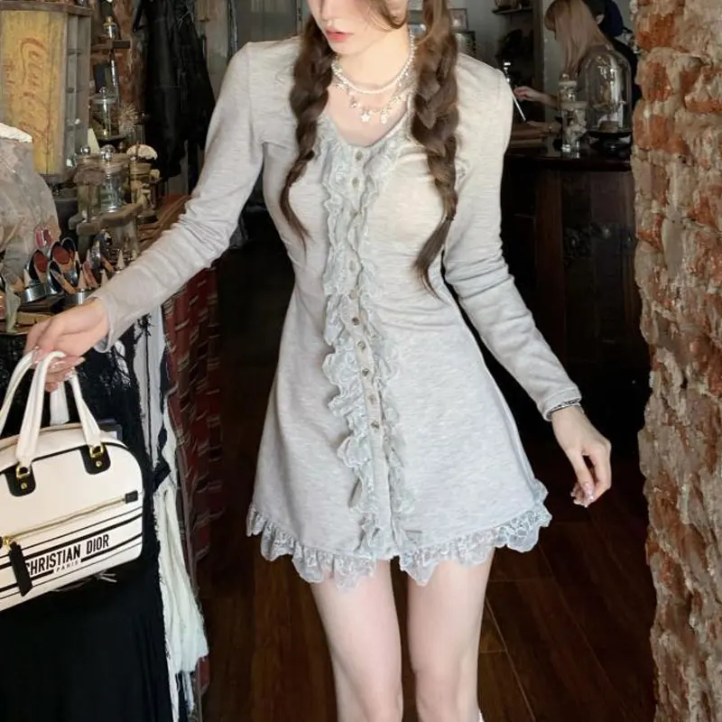 Lace Slim Waist Basic Mini Dress Autumn Winter Long Sleeve Women's Clothing Hotsweet V-Neck Solid Color Korean Spliced Dresses
Lace Slim Waist Basic Mini Dress Autumn Winter Long Sleeve Women's Clothing Hotsweet V-Neck Solid Color Korean Spliced Dresses