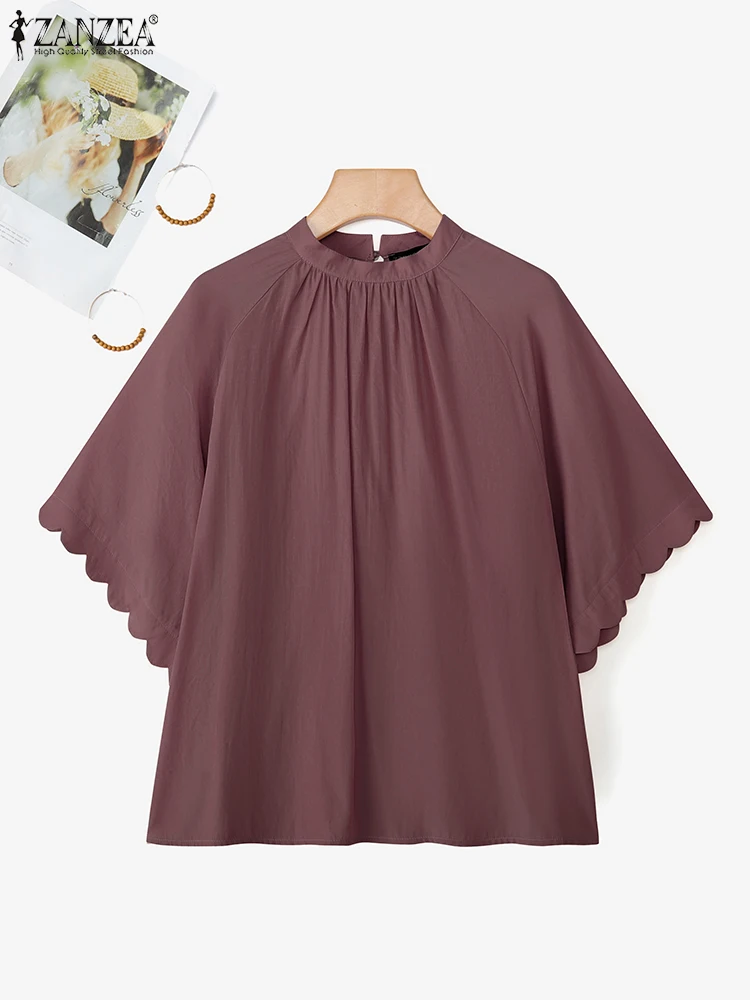 Women Shirts ZANZEA Elegant Office Lady Blouse Half Bat Sleeve Tops 2025 Fashion Casual Solid Summer Stand Collar Ruffled Blusas 
Women Shirts ZANZEA Elegant Office Lady Blouse Half Bat Sleeve Tops 2025 Fashion Casual Solid Summer Stand Collar Ruffled Blusas
