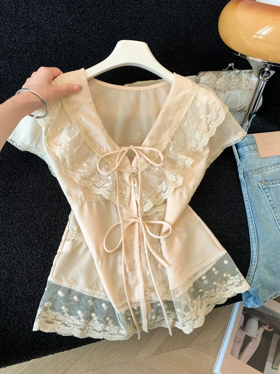 Sweet Pink Lace Trim Bow Tie Short Sleeve Shirt Women's Summer Gentle Style Pleated Design Sense Small Top Korean Loose Fit
Sweet Pink Lace Trim Bow Tie Short Sleeve Shirt Women's Summer Gentle Style Pleated Design Sense Small Top Korean Loose Fit