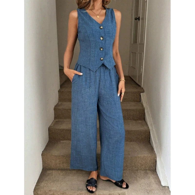 2026 New Women Slim Fit V-Neck Elegant Button Vest And Wide-Leg Trousers Women'S Two-Piece Set Spring Summer Women Sets
2026 New Women Slim Fit V-Neck Elegant Button Vest And Wide-Leg Trousers Women'S Two-Piece Set Spring Summer Women Sets