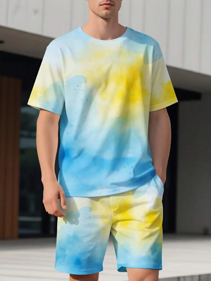 Mens Tie Dye Short Sleeve T-Shirt And Shorts Set Blue Yellow Watercolor Print Casual Loose Fit Summer Outfit
Mens Tie Dye Short Sleeve T-Shirt And Shorts Set Blue Yellow Watercolor Print Casual Loose Fit Summer Outfit