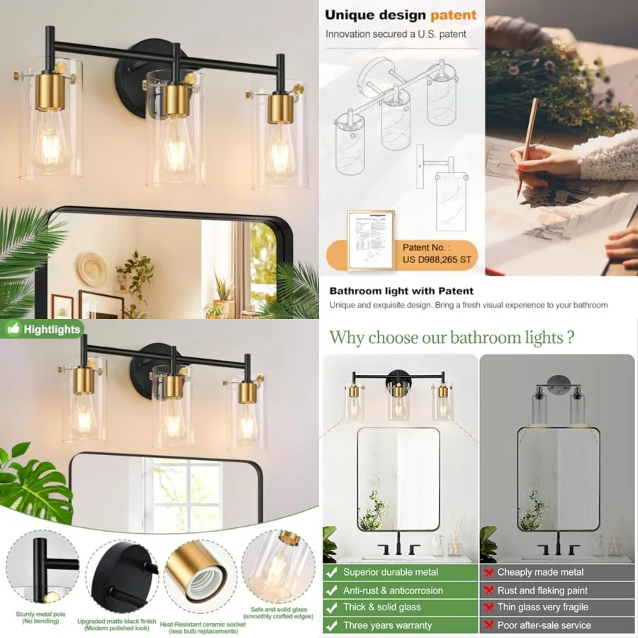 Bathroom Light Fixtures, Vanity Light, Black Bathroom Lights Over Mirror with Clear Glass Shade for Mirror Bedroom Living Room
Bathroom Light Fixtures, Vanity Light, Black Bathroom Lights Over Mirror with Clear Glass Shade for Mirror Bedroom Living Room