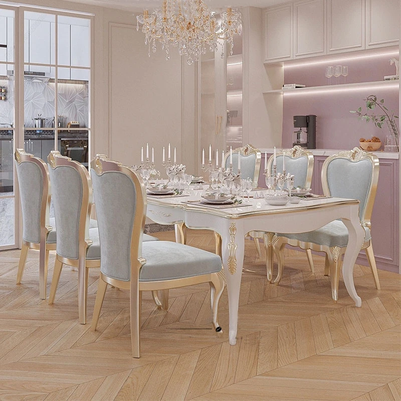 French solid wood dining table and chairs, modern luxury rectangular carved dining table, European romantic princess style dinin
French solid wood dining table and chairs, modern luxury rectangular carved dining table, European romantic princess style dinin