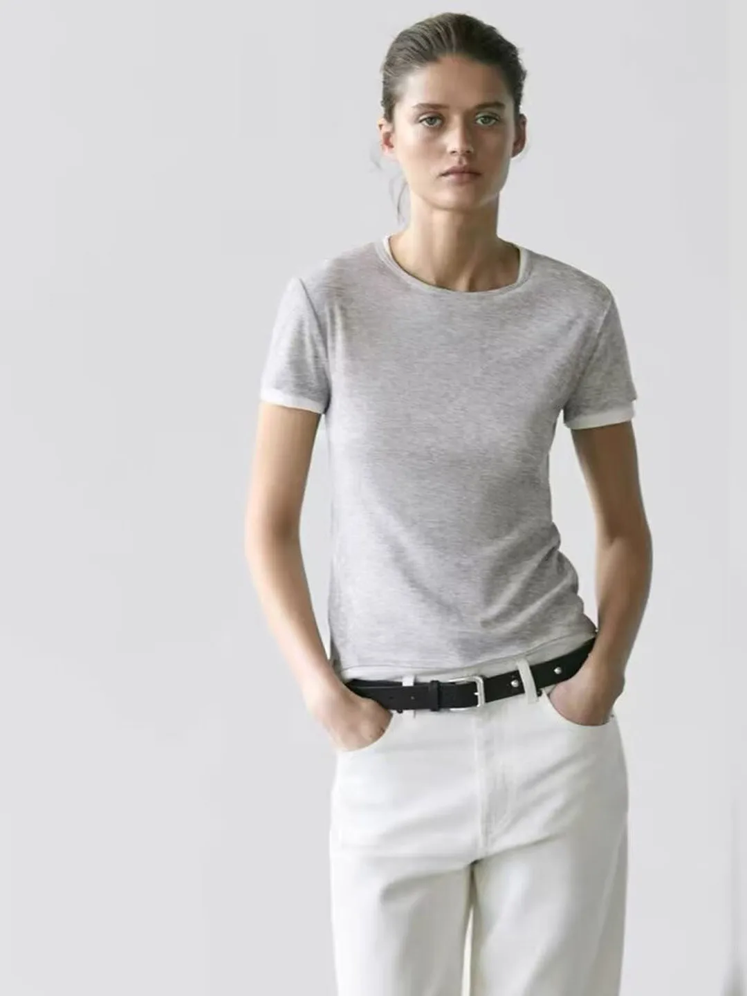 MD Women's round Neck Short Sleeve T-Shirt Summer New Casual Simple Double Layer Splicing Grey Lyocell Cotton Top
MD Women's round Neck Short Sleeve T-Shirt Summer New Casual Simple Double Layer Splicing Grey Lyocell Cotton Top