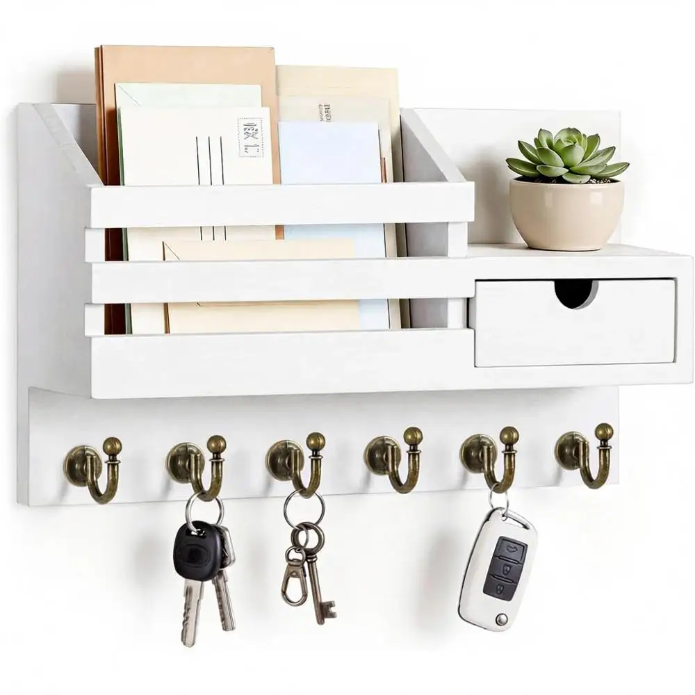Wall-Mounted Key and Mail Organizer with 6 Hooks and Storage, Sleek White Design for Entryway Decor
Wall-Mounted Key and Mail Organizer with 6 Hooks and Storage, Sleek White Design for Entryway Decor