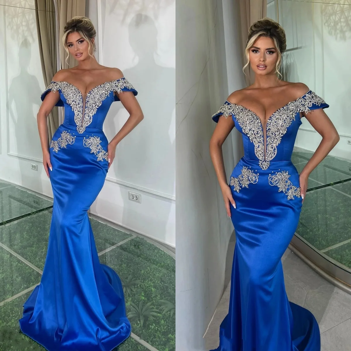 Modern Prom Dresses Crystal Beading Evening Gowns Off Shoulder Slim Mermaid Party Backless Custom Made Robes de soirée
Modern Prom Dresses Crystal Beading Evening Gowns Off Shoulder Slim Mermaid Party Backless Custom Made Robes de soirée