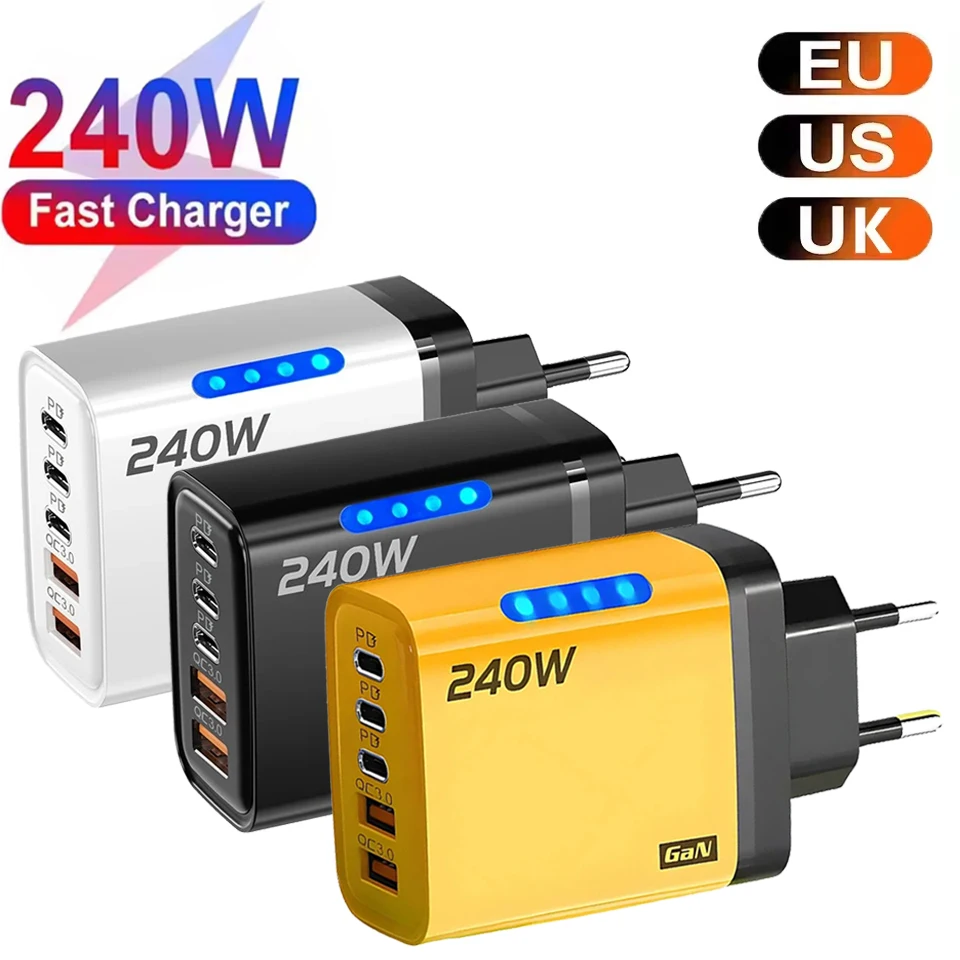 EU/US/UK Plug GaN 240W USB C Fast Wall Charger 5 in 1 Mobile Phone Quick Charge Travel Adapter For iPhone Xiaomi Huawei Samsung
EU/US/UK Plug GaN 240W USB C Fast Wall Charger 5 in 1 Mobile Phone Quick Charge Travel Adapter For iPhone Xiaomi Huawei Samsung