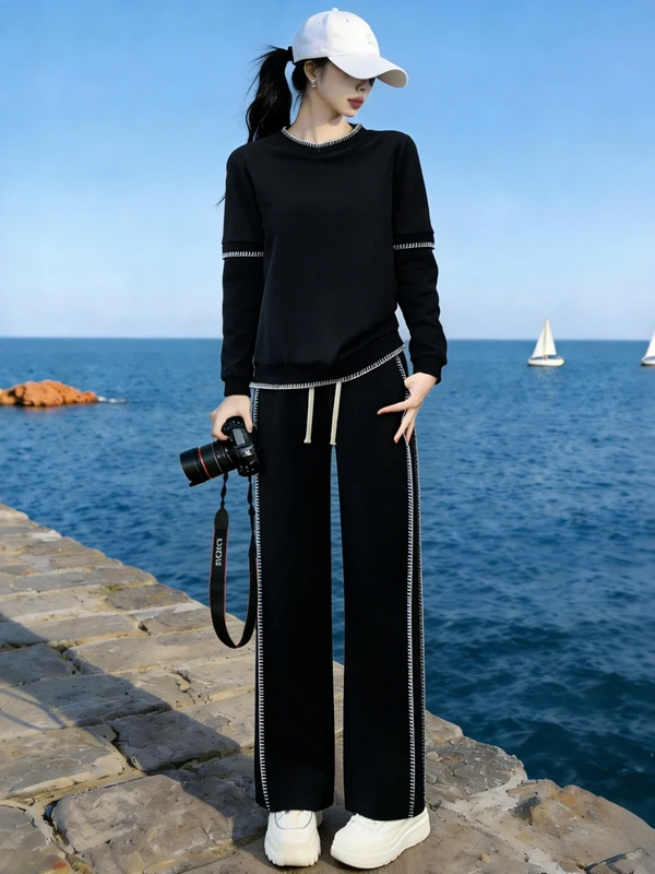 Elegant Black Long Sleeve Sports Set for Women Spring Loose Fit Slimming Top And Wide Leg Pants Two Piece Casual Outfit
Elegant Black Long Sleeve Sports Set for Women Spring Loose Fit Slimming Top And Wide Leg Pants Two Piece Casual Outfit