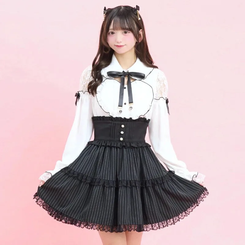 Y2K Sweet Lolita Dress Set Japanese Jirai Kei Style White Lace Blouse + Black Stripe Skirt Women's Ruffle Outfit for Daily
Y2K Sweet Lolita Dress Set Japanese Jirai Kei Style White Lace Blouse + Black Stripe Skirt Women's Ruffle Outfit for Daily