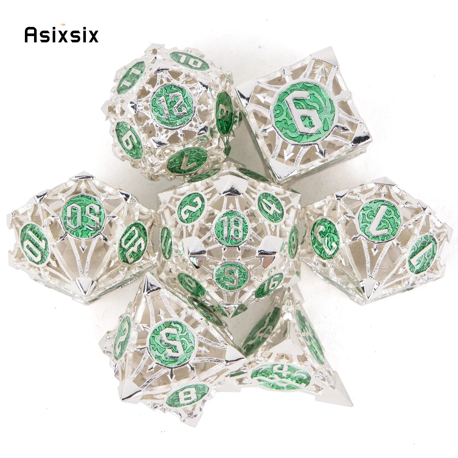 7 Pcs Silver Green Metal Dice Hollow Metal Polyhedral Dice Set Suitable for Role-Playing RPG Board Game Card Game
7 Pcs Silver Green Metal Dice Hollow Metal Polyhedral Dice Set Suitable for Role-Playing RPG Board Game Card Game