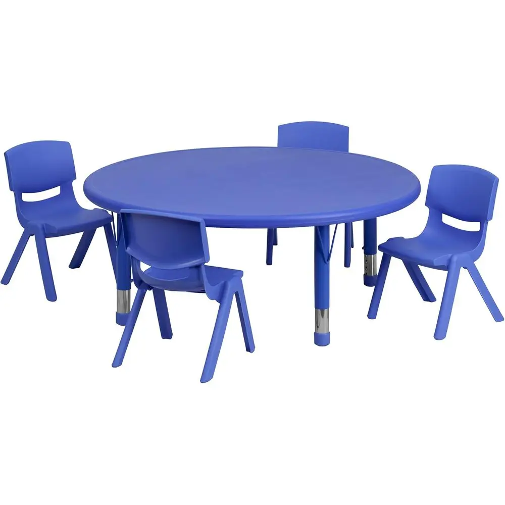 45 Round Blue Plastic Table with 4 Adjustable Chairs for Activity Use
45 Round Blue Plastic Table with 4 Adjustable Chairs for Activity Use