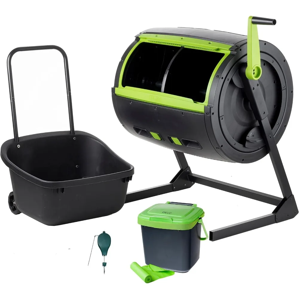 Two Stage 65 gal Compost Tumbler with Large Double Doors and Open Frame and Comes with Compost Cart, 1.85 Gal Kitchen Caddie Co
Two Stage 65 gal Compost Tumbler with Large Double Doors and Open Frame and Comes with Compost Cart, 1.85 Gal Kitchen Caddie Co