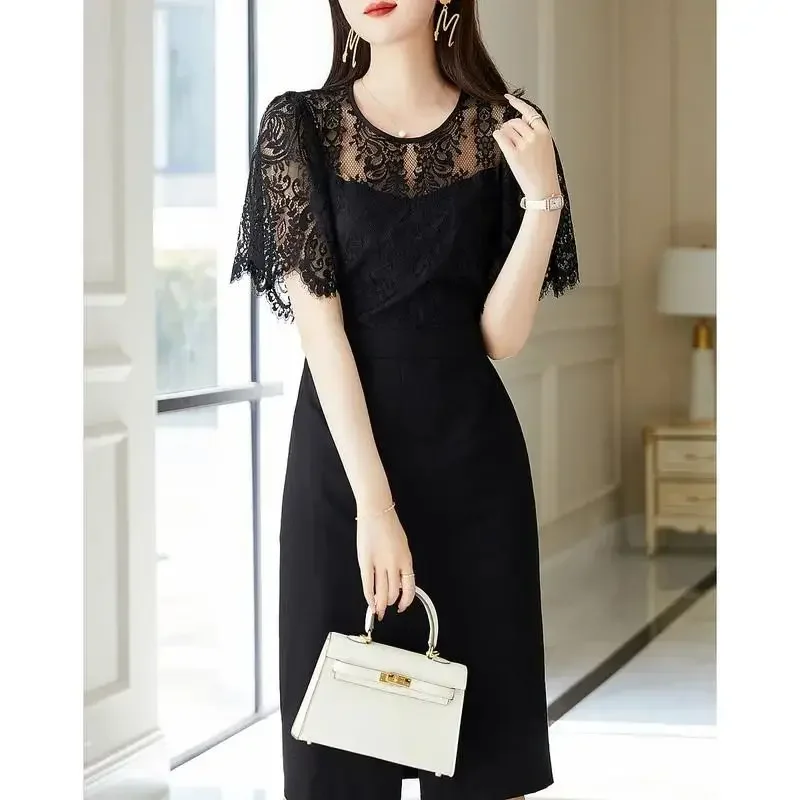 Elegant O-Neck Spliced Lace Fake Two Pieces Prom Dresses Women's Clothing Summer New Loose Solid Color Chic Party Dress E8840
Elegant O-Neck Spliced Lace Fake Two Pieces Prom Dresses Women's Clothing Summer New Loose Solid Color Chic Party Dress E8840