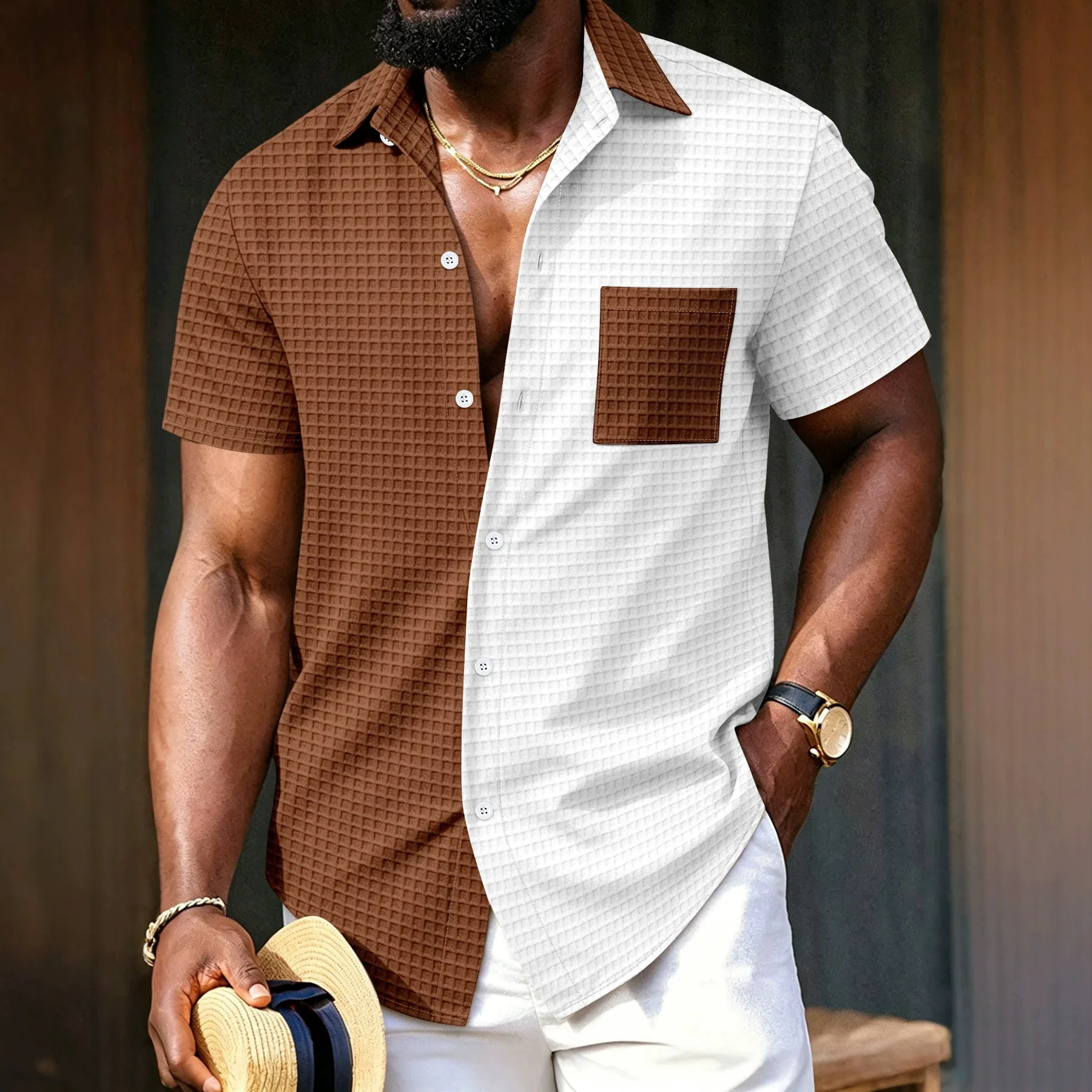 Summer Men Plaid Patchwork Shirt Casual Color Block Pocket Lapel Button Down Short Sleeve Loose Fashion Daily Wear Blouse
Summer Men Plaid Patchwork Shirt Casual Color Block Pocket Lapel Button Down Short Sleeve Loose Fashion Daily Wear Blouse