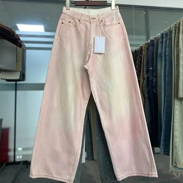 Women Loose straight leg jeans vintage distressed pink dirty pants denim pants
Women Loose straight leg jeans vintage distressed pink dirty pants denim pants