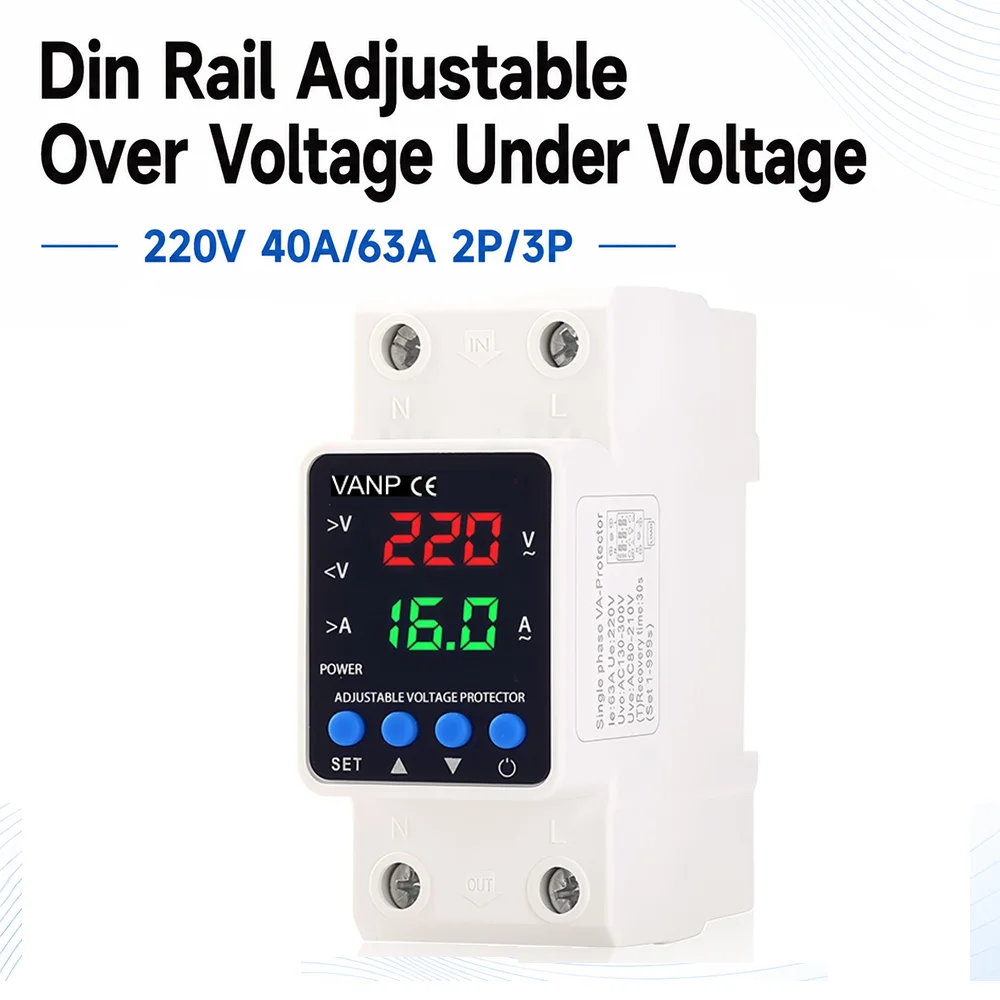 220V Din Rail Digital Display Over Under Voltage Protector 2P 3P 40A 63A Adjustable Self-recovery OV UV Protection Device
220V Din Rail Digital Display Over Under Voltage Protector 2P 3P 40A 63A Adjustable Self-recovery OV UV Protection Device