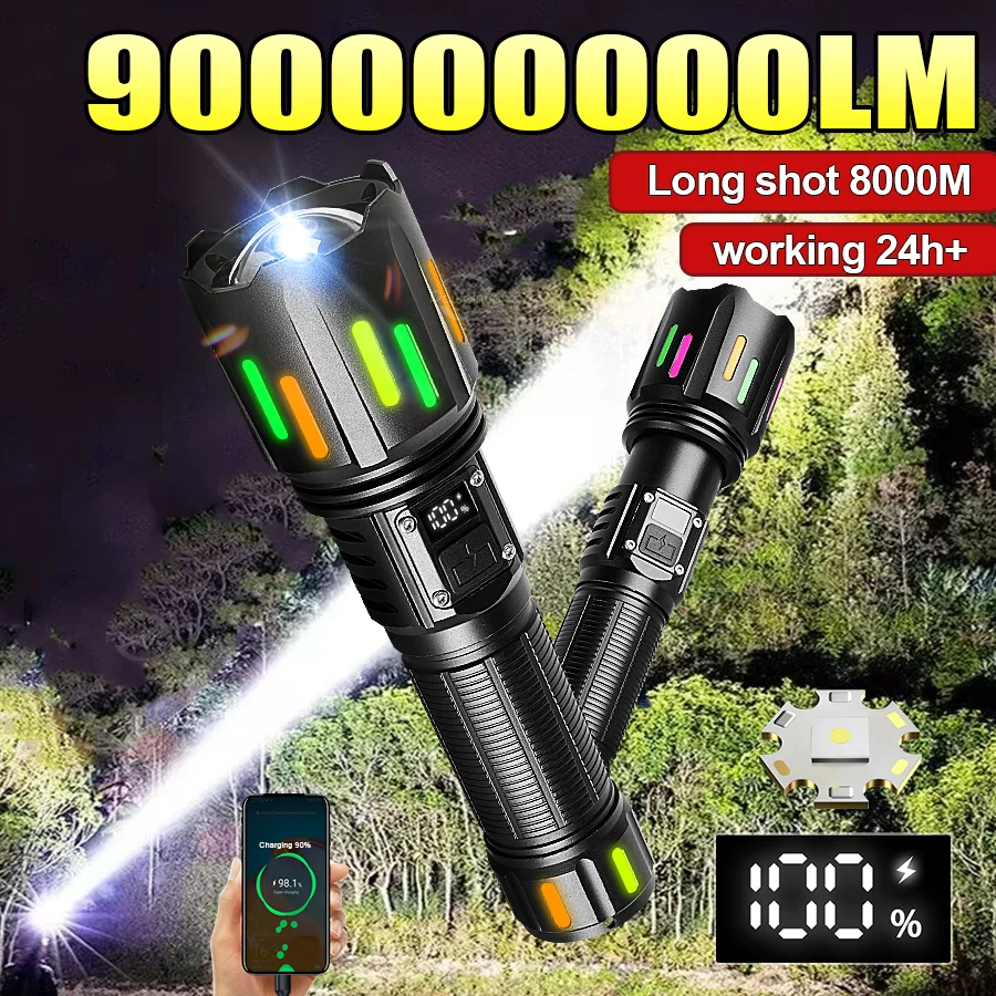 900000000LM Super Bright Flashlight Rechargeable LED Tactical Torch Ultra Bright Long Range 8000M Lantern Outdoor Lights
900000000LM Super Bright Flashlight Rechargeable LED Tactical Torch Ultra Bright Long Range 8000M Lantern Outdoor Lights