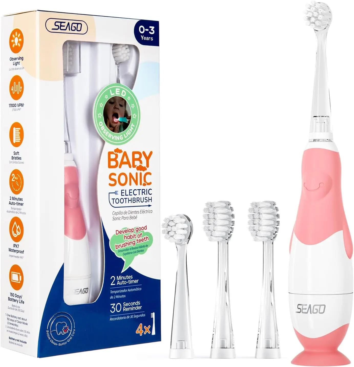 Toddler Electric Toothbrush for Ages 0-3, Penguin Design, Smart Timer, Suction Base, 4 Heads, Pink
Toddler Electric Toothbrush for Ages 0-3, Penguin Design, Smart Timer, Suction Base, 4 Heads, Pink