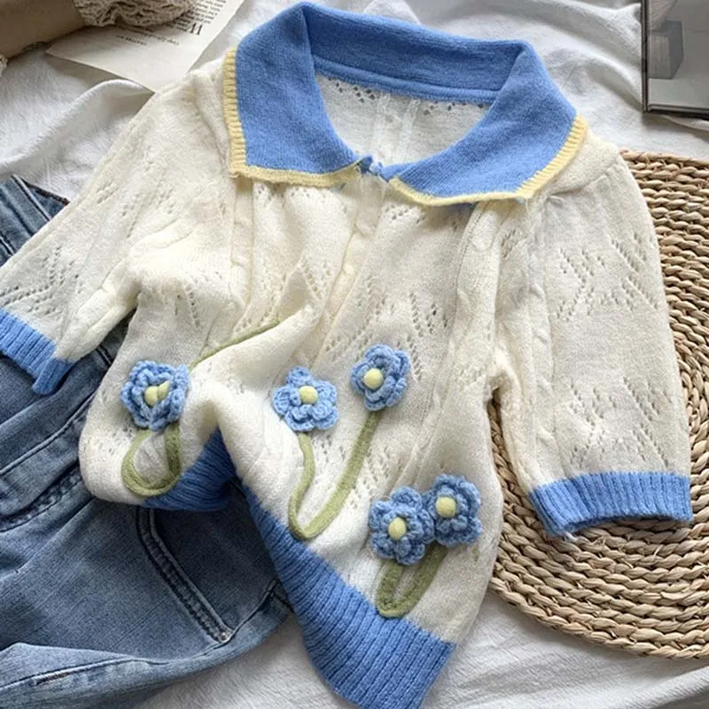 Pearl Diary Summer New Hollow Out Turn-Down Collar T-Shirt Fashion All-Match Knitting Top Women Sweet Appliques Young Style Tops
Pearl Diary Summer New Hollow Out Turn-Down Collar T-Shirt Fashion All-Match Knitting Top Women Sweet Appliques Young Style Tops