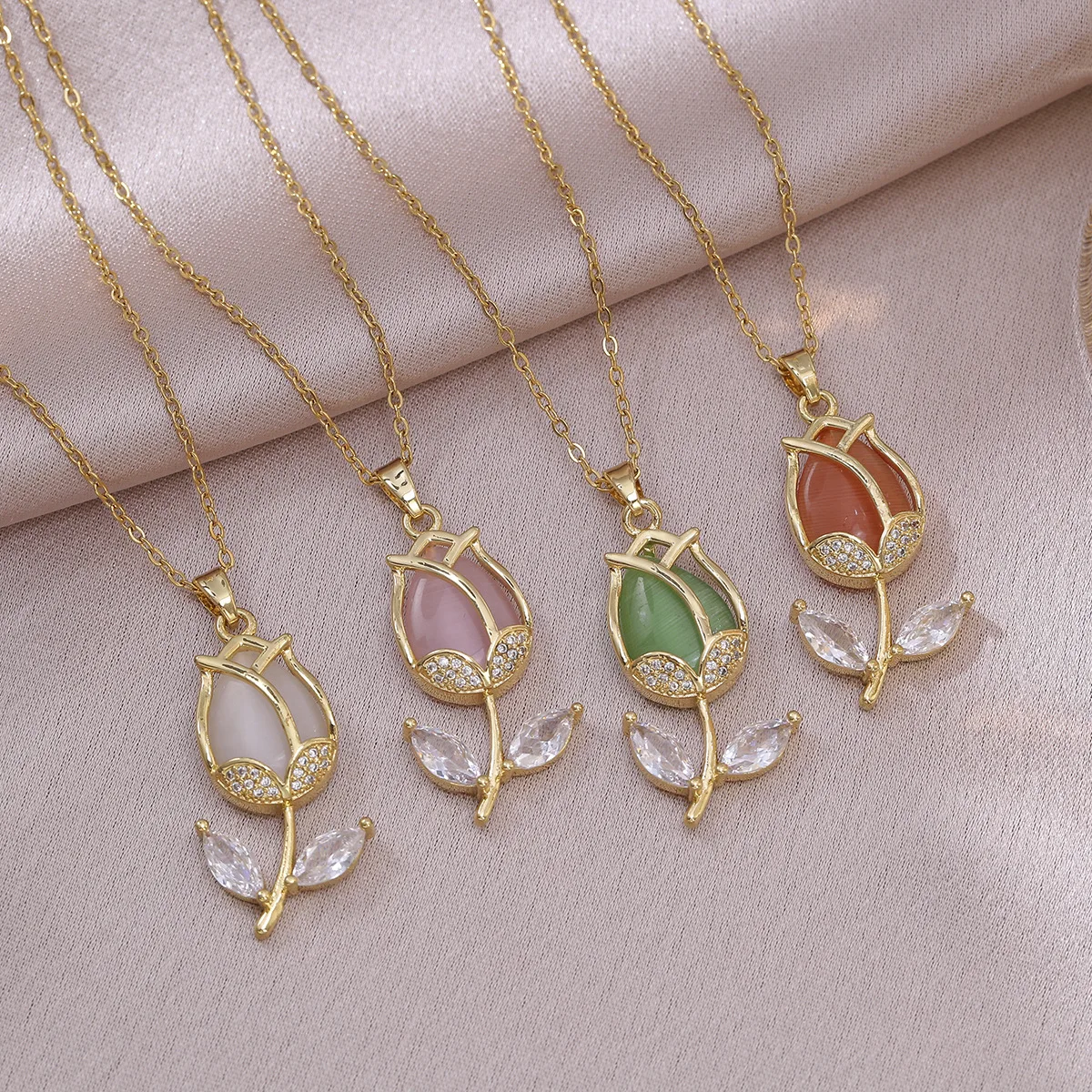 Classic Elegant Moonstone Zircon Tulip Flower Pendant Necklaces for Women Gold Color Stainless Steel Chain Collar Jewelry Gifts
Classic Elegant Moonstone Zircon Tulip Flower Pendant Necklaces for Women Gold Color Stainless Steel Chain Collar Jewelry Gifts