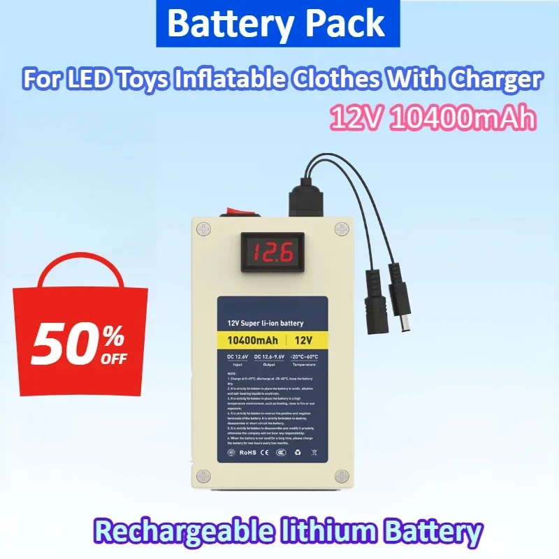 NEW 10400mAh For LED Toys Inflatable Clothes with Charger 12V 10Ah Battery 18650 Lithium Rechargeable Battery Pack Built-in BMS
NEW 10400mAh For LED Toys Inflatable Clothes with Charger 12V 10Ah Battery 18650 Lithium Rechargeable Battery Pack Built-in BMS
