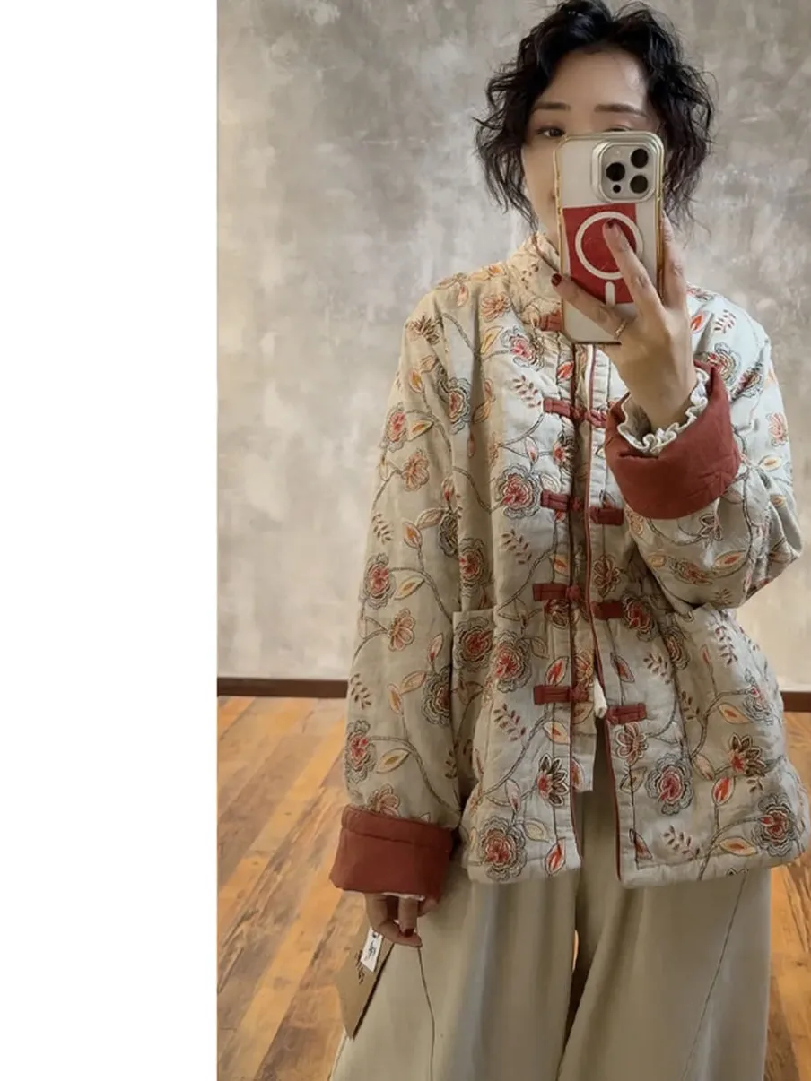 Thiened Floral Cotton Jaet Women's Winter ort Outerwear Stand Collar Tang Suit Cotton Clothes with Button Fastening
Thiened Floral Cotton Jaet Women's Winter ort Outerwear Stand Collar Tang Suit Cotton Clothes with Button Fastening