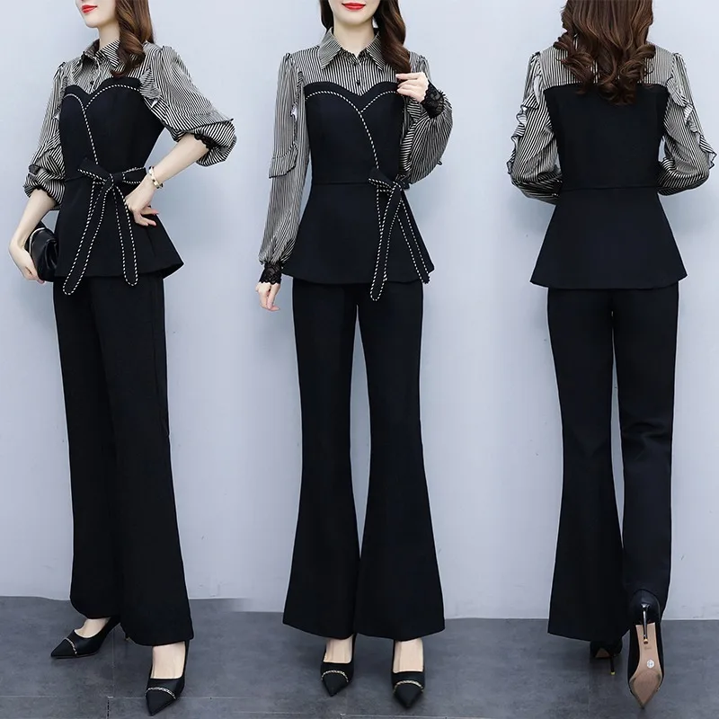 2025 Spring New Stripe Splicing Set Women Bow Tie Slimming Top And Bellbottom Pants Temperament Commute Two Piece Set
2025 Spring New Stripe Splicing Set Women Bow Tie Slimming Top And Bellbottom Pants Temperament Commute Two Piece Set