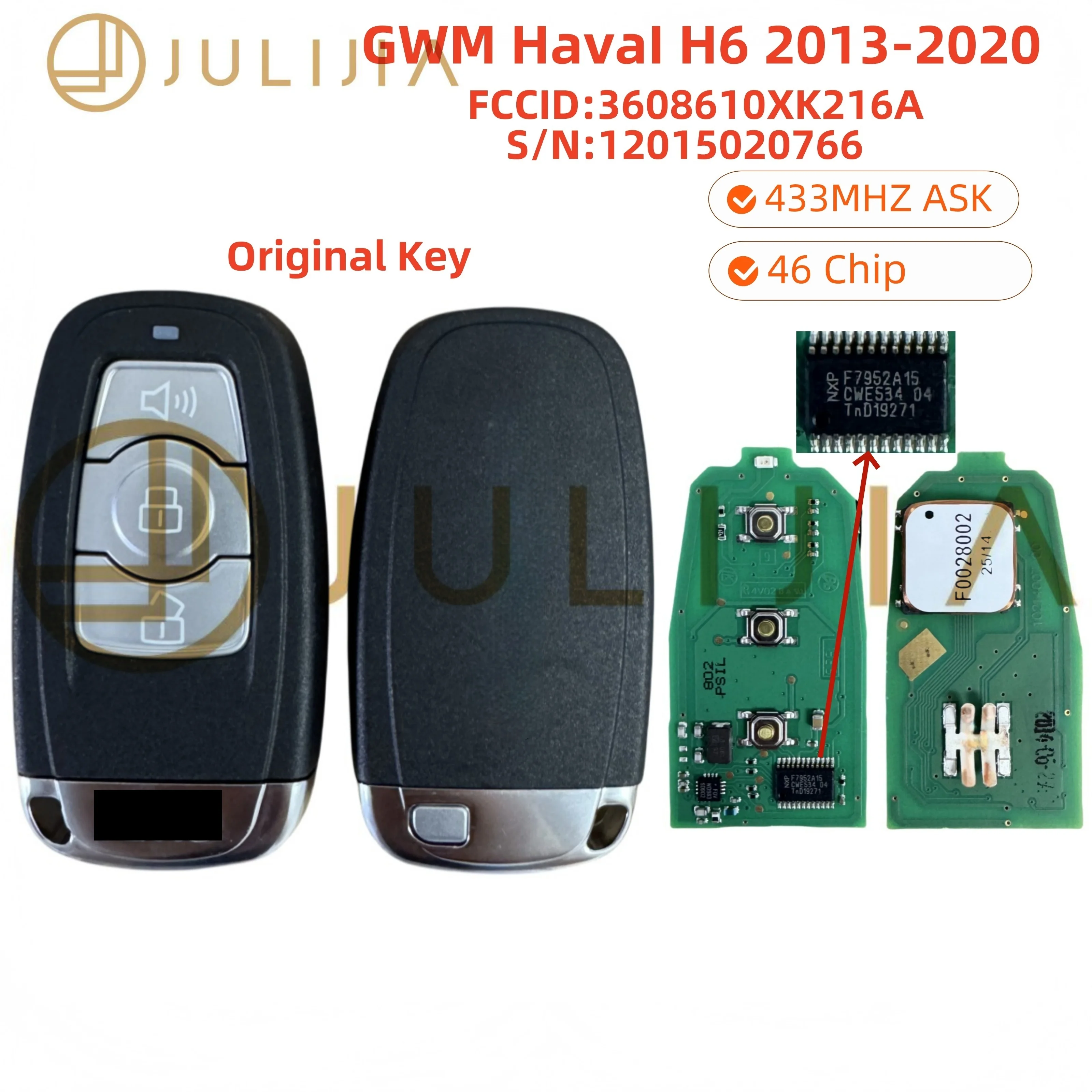JULIJIA Original Remote Key for GWM Haval H6 Great Wall 433MHz ID46Chip FCCID 3608610XKZ16A S/N 12015020766
JULIJIA Original Remote Key for GWM Haval H6 Great Wall 433MHz ID46Chip FCCID 3608610XKZ16A S/N 12015020766