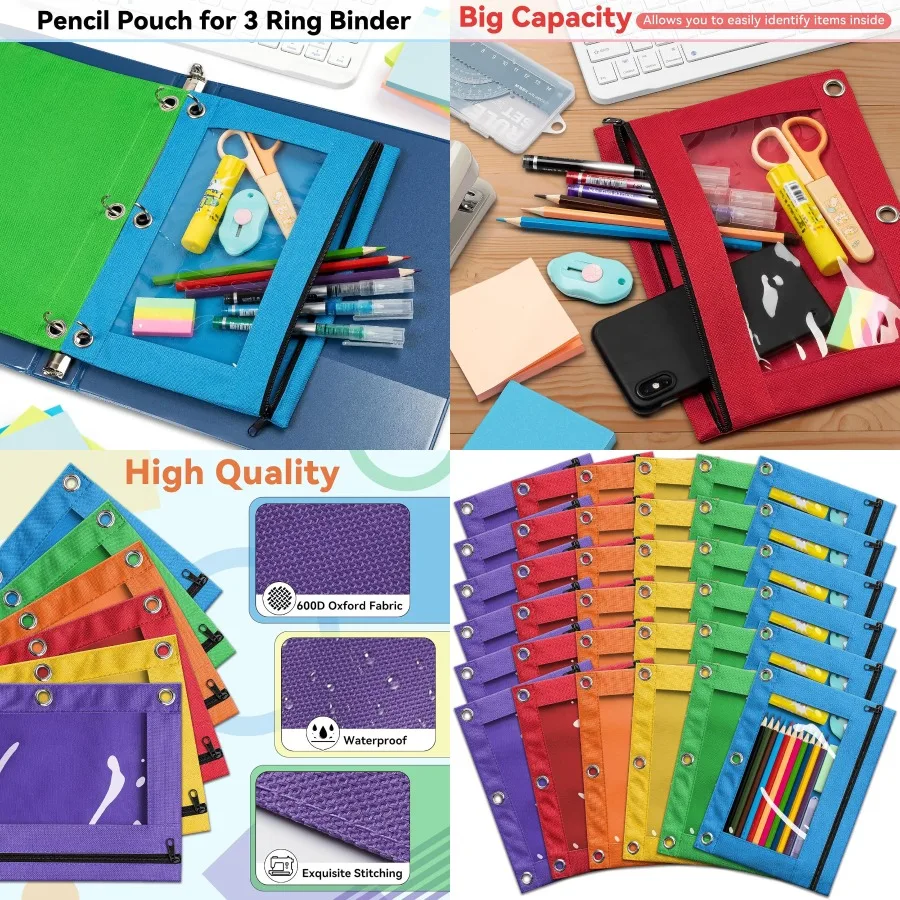 Pencil Pouch for 3 Ring Binder Bulk 36 Pack 3-Holes Zipper Pencil Pouches in Assorted Colors Sturdy and Durable Cloth Pencil Ho
Pencil Pouch for 3 Ring Binder Bulk 36 Pack 3-Holes Zipper Pencil Pouches in Assorted Colors Sturdy and Durable Cloth Pencil Ho