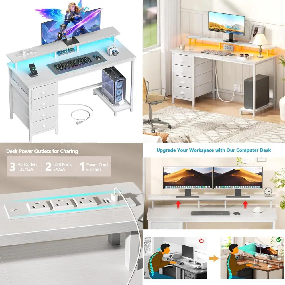 47 Compact White Gaming Desk with Fabric Drawers, Monitor Stand, LED Lights, and Power Outlets for Home Office in Small Spaces
47 Compact White Gaming Desk with Fabric Drawers, Monitor Stand, LED Lights, and Power Outlets for Home Office in Small Spaces