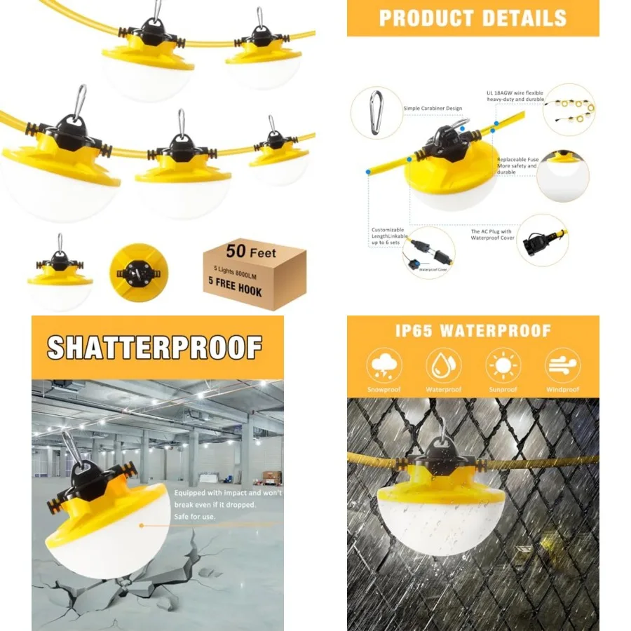 50Feet Construction String Light 65W 8000Lm, 5000K Industrial Grade LED String Work Lights, IP65 Waterproof Temporary Lighting
50Feet Construction String Light 65W 8000Lm, 5000K Industrial Grade LED String Work Lights, IP65 Waterproof Temporary Lighting
