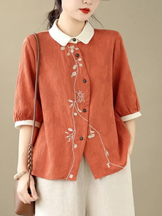 Summer Embroidered Floral Casual Shirt Large Size Women's Color Block Collar Five Sleeve Single Button Open Cardigan Top
Summer Embroidered Floral Casual Shirt Large Size Women's Color Block Collar Five Sleeve Single Button Open Cardigan Top