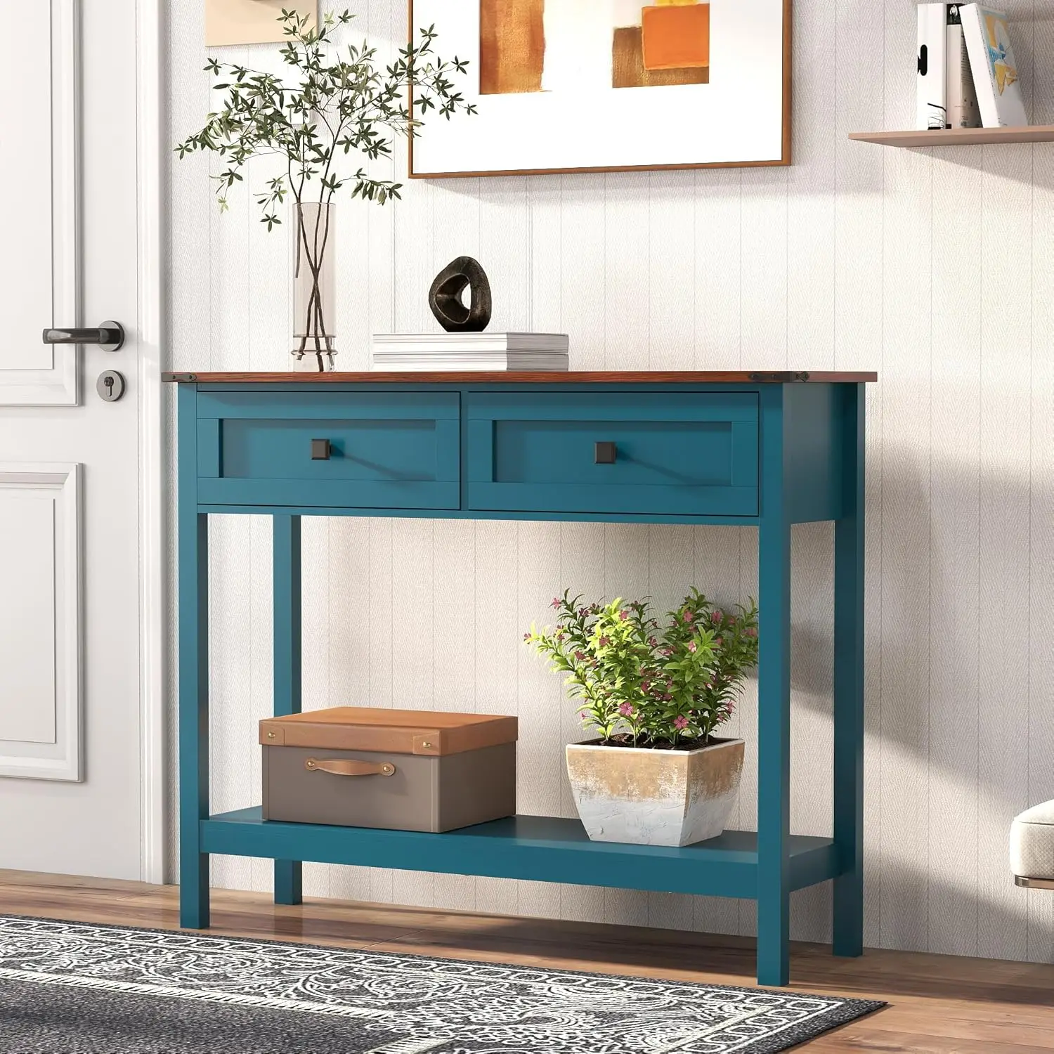 Small Console Table with 2 Drawers with Metal Handles, Farmhouse Side Tables with Brown Woodgrain Top and Bottom Shelf for Entry
Small Console Table with 2 Drawers with Metal Handles, Farmhouse Side Tables with Brown Woodgrain Top and Bottom Shelf for Entry