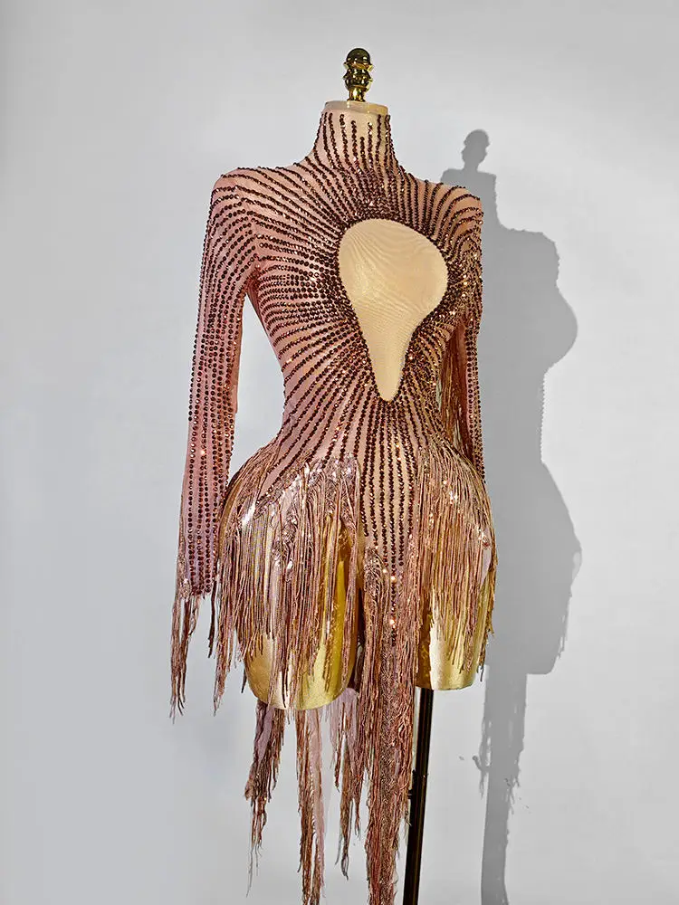 Factory Custom Drag Queen Rose Gold Rhinestone Sunburst Cutout Tassel Mesh Women's Sexy Stage Performance Bodysuit
Factory Custom Drag Queen Rose Gold Rhinestone Sunburst Cutout Tassel Mesh Women's Sexy Stage Performance Bodysuit