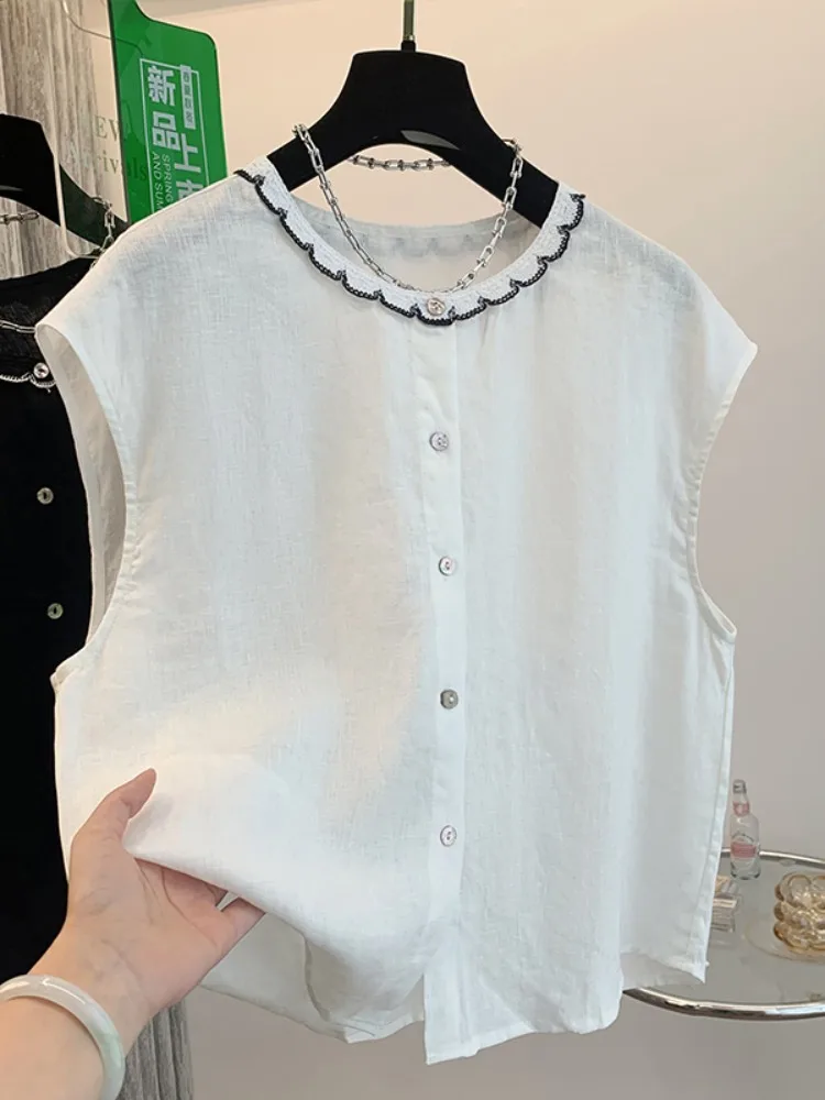 Cotton Linen Lace Trim round Neck Sleeveless Shirt Women Summer Thin Outerwear Vest Small Size Top Comfortable Breathable
Cotton Linen Lace Trim round Neck Sleeveless Shirt Women Summer Thin Outerwear Vest Small Size Top Comfortable Breathable